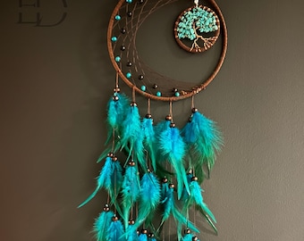 Blue Feather Dreamcatcher, Tree of Life Dreamcatcher, Spiritual Wall Hanging, Feather Dreamcatcher, Gift for Her, Boho Wall Hanging