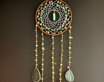 Gemstone Dreamcatcher, Agate Stone Wall Hanging, Deep Meditation Healing Stones, Green Dreamcatcher, Gift for Her