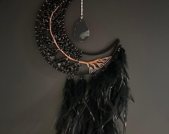 Black Moon Feather Dreamcatcher, Gemstone Wall Hanging, Boho Home Decor, Black Dreamcatcher, Tree of Life Decor, Black Dreamcatcher