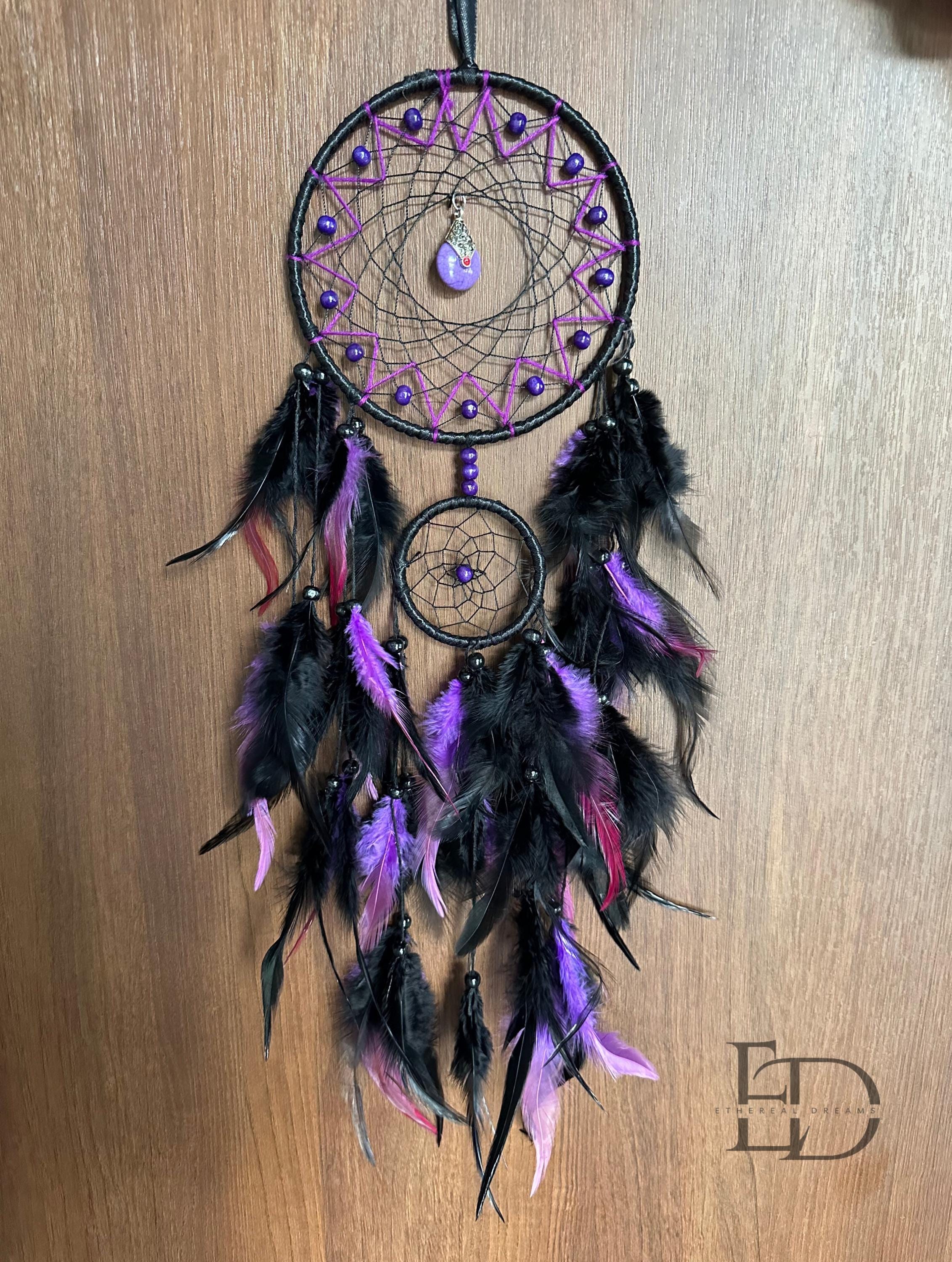 Royal Purple and Obsidian Black Feather Dreamcatcher, Purple Teardrop Ornament, Boho Home Decor, Gift for Her, Dreamcatcher