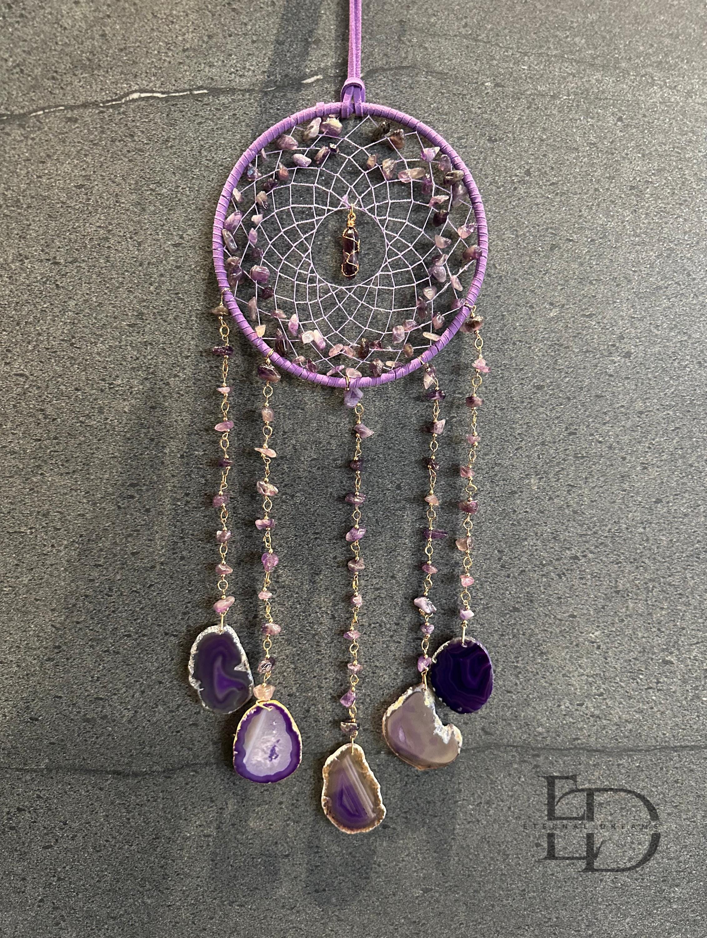 Amethyst Agate Dreamcatcher, Gemstone Wall Hanging, Deep Meditation Healing Stones, Purple Dreamcatcher, Gift for Her