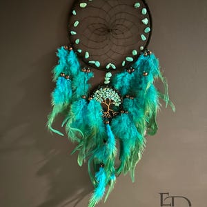 Blue Feather Dreamcatcher, Tree of Life Decor, Turquoise Dreamcatcher, Boho Wall Hanging, Spiritual Decor, Blue Dreamcatcher