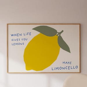 Cuando la vida te da limones, divertida decoración de cocina, póster de limoncello, pintura de limón amarillo, póster de cóctel italiano, arte de pared horizontal de limón, barra