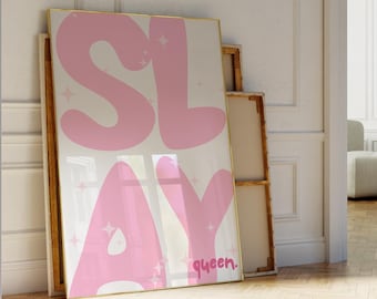 Slay Queen Poster Typography Inspirational Poster Pastel Light Pink Print Star Trendy Wall Art Hot Pink Dopamine Decor Gifts For Her