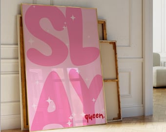Slay Queen Poster Typography Inspirational Poster Pastel Light Pink Print Star Hot Pink and Red Wall Art Trendy Dopamine Decor Gifts For Her