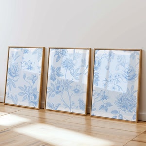 Arte de parede Chinoiserie, estampas em azul claro, conjunto moderno de 3 estampas, tríptico, impressão de parede Art Nouveau, estampas botânicas vintage, conjunto de galeria de parede