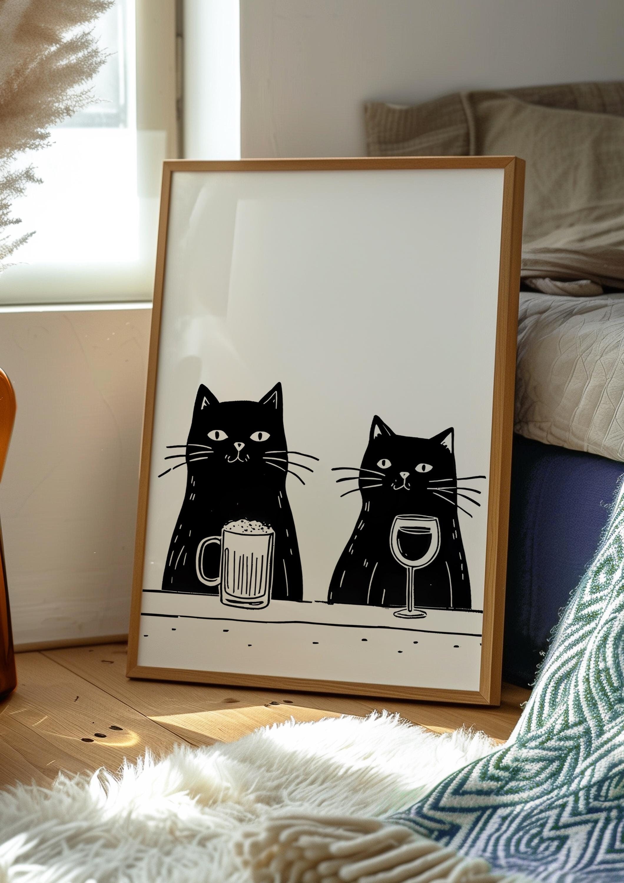 Black Cat Poster Funny Cat Print Trendy Wall Art Black Cat Funny Animal Poster Beer and Wine Poster Cat Lover Gift for Couple Kitchen Decor