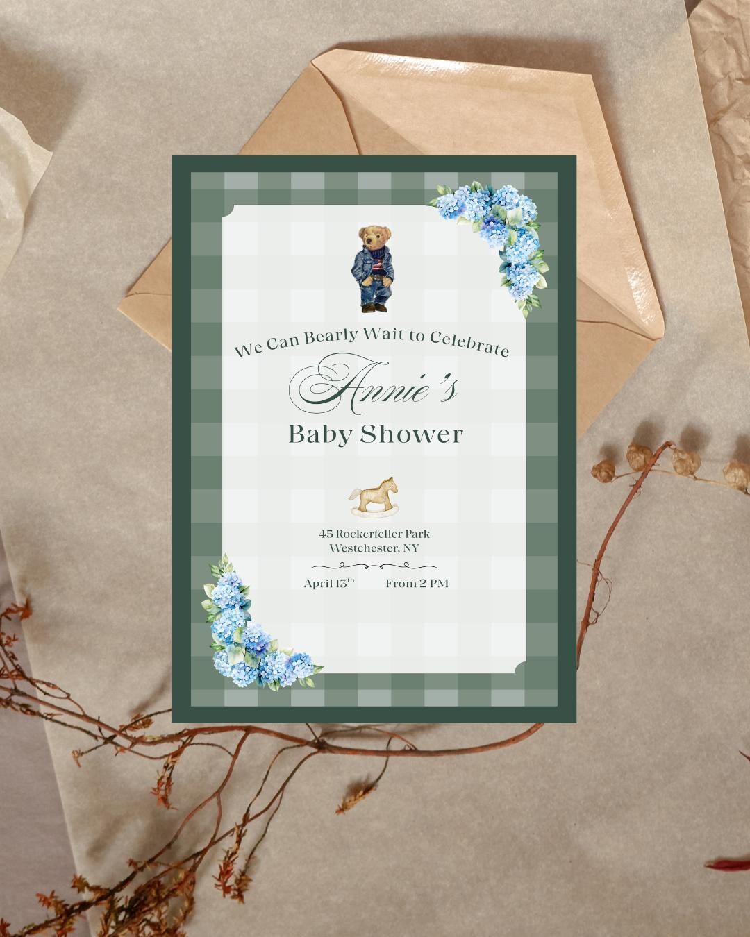 Preppy Teddy Bear Baby Shower Invitation, Polo Bear Invite Template ...