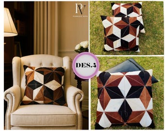 Tricolor Cowhide Pillow Cover: Geometric Hair-On Throw Cushion