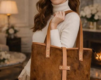 Torba typu tote z owczej skóry | Ręcznie robiona torba na ramię ze skóry w stylu western