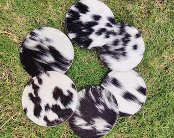Black and White Cowhide Coasters: Set of 6 Hair-On Leather Drink Coasters