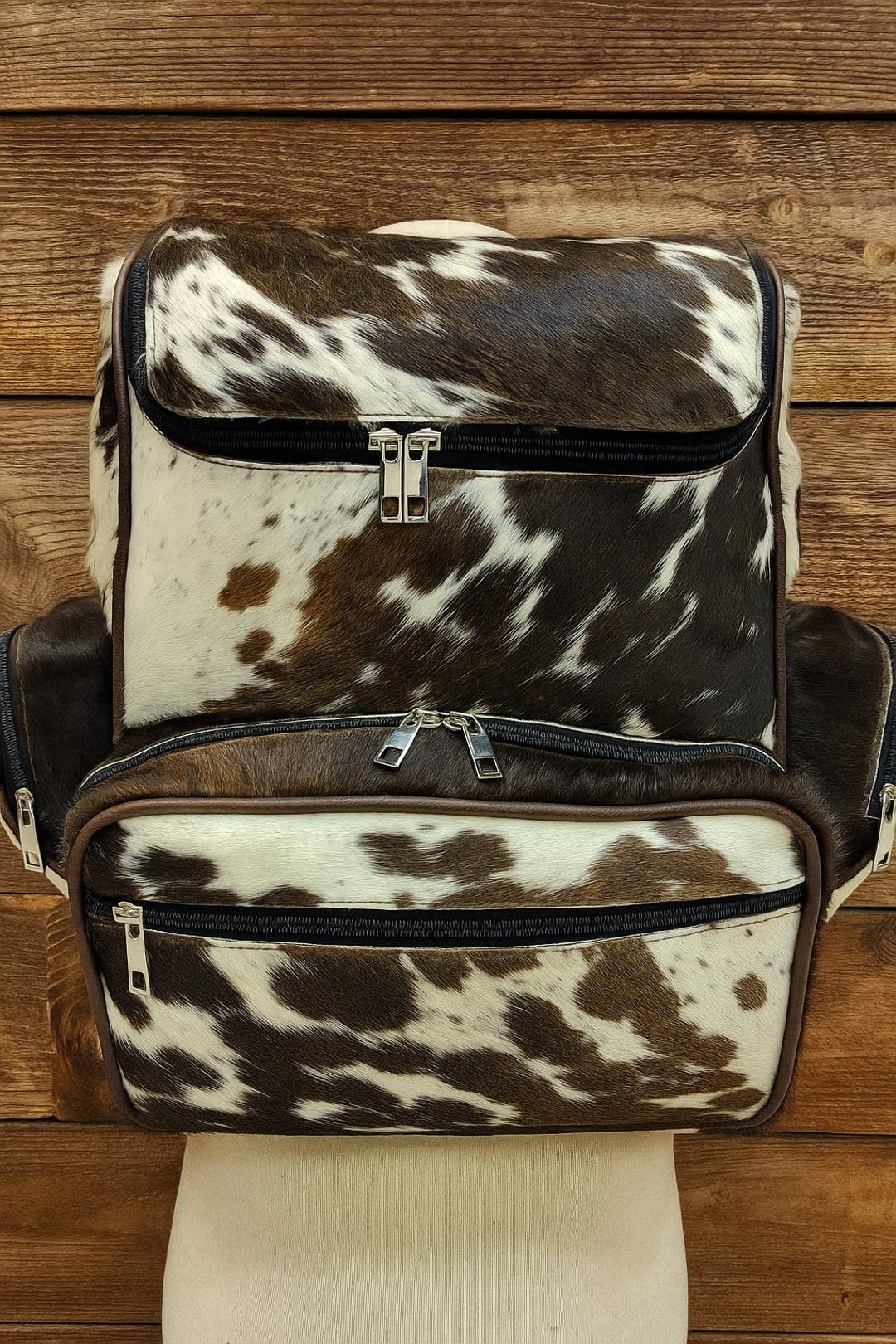 Brindle Cowhide Diaper Bag Backpack: Handmade Leather Travel  display picture 2