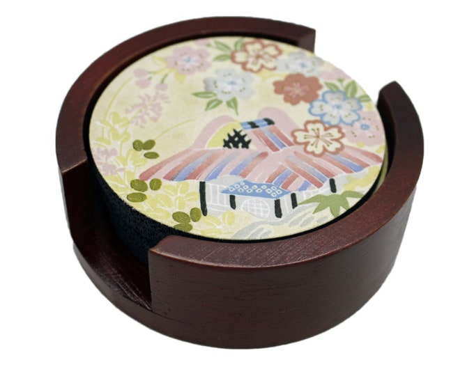 Japanese Art Round Coaster Set of 5 with Wood Holder