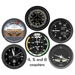 May include: Six black and white round coasters with different airplane instrument designs. The coasters feature a compass, altimeter, airspeed indicator, vertical speed indicator, and turn coordinator. The text on the coasters includes "ALT", "AIRSPEED", "VERTICAL SPEED", "TRUE SPEED", "KNOTS", "MPH", "D.C. ELEC", "TURN COORDINATOR", and "NO PITCH INFORMATION".