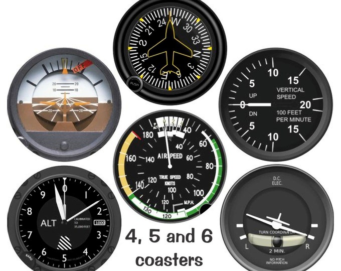 Altimeter Airspeed Attitude Direction Vertical Turn Indicator Aviation Glossy Round Cork Backed Coasters (Sets of 4,5 or 6)