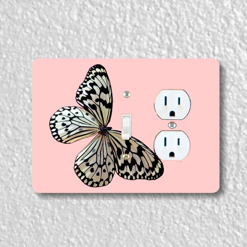 White Nymph Butterfly Pink Precision Laser Cut Duplex and Grounded Outlet Wall Plate Covers