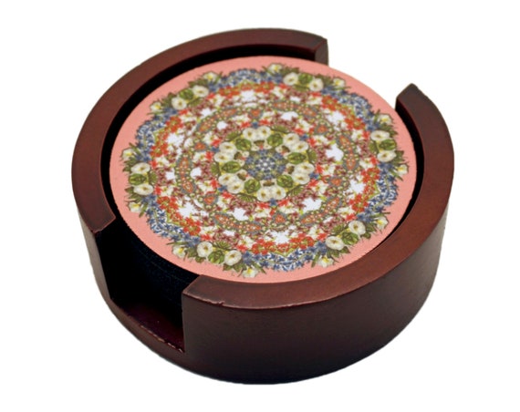 Floral Wreath Mandala Coaster Set of 5 with Wood Holder