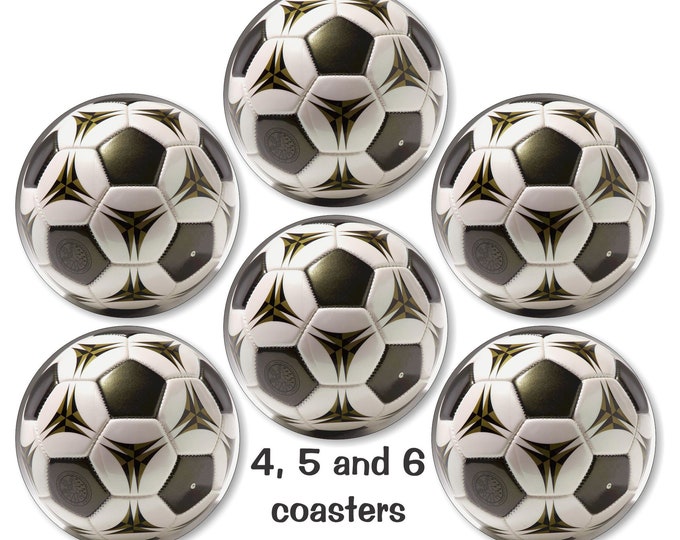 Glossy Soccer Ball Round Cork Backed Coasters (Sets of 4,5 or 6)