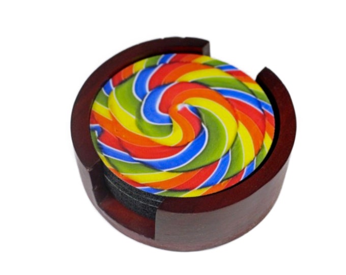 Giant Lollipop Coaster Set of 5 with Wood Holder