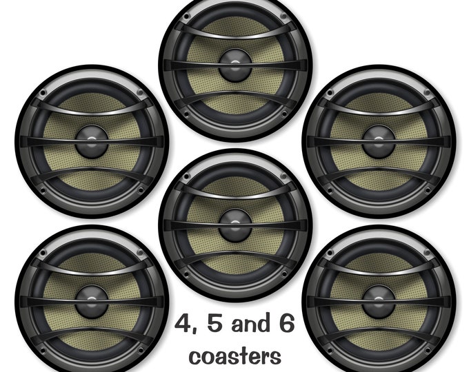 Audio Music Speaker Glossy Round Cork Backed Coasters (Sets of 4,5 or 6)