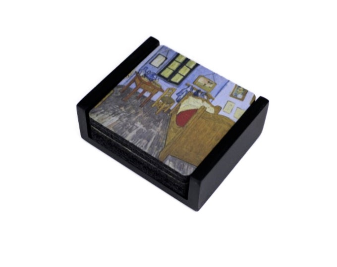 Vincent Van Gogh The Bedroom Painting Coaster Set of 5 with Wood Holder