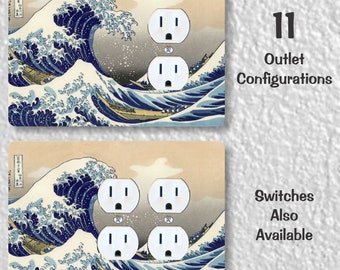 Kanagawa Great Wave Hokusai Painting Precision Laser Cut Duplex and Grounded Outlet Wall Plate Covers