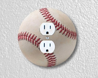 White Baseball Precision Laser Cut Duplex and Grounded Outlet Round Wall Plate Covers