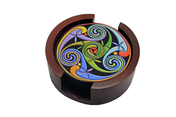Celtic Triskelion Round Rubber Backed Fabric Coaster Set of 5 with Wood Holder