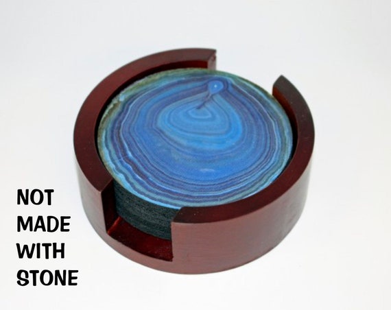 Blue Geode Stone Coaster Set of 5 with Wood Holder