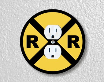 Railroad Crossing Sign Precision Laser Cut Duplex and Grounded Outlet Round Wall Plate Covers