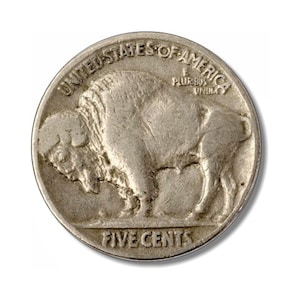 May include: A silver US five-cent coin with the image of a buffalo and the words "United States of America", "E Pluribus Unum", and "Five Cents".