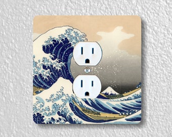 Hokusai Great Wave of Kanagawa Precision Laser Cut Duplex and Grounded Outlet Square Wall Plate Covers