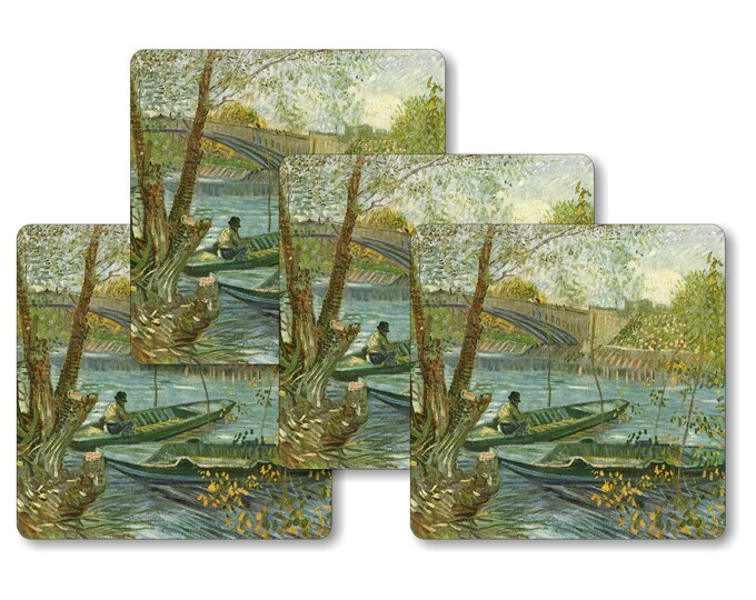 Vincent Van Gogh Fisherman and Boats from Pont de Clichy Painting Square Coasters - Set of 4