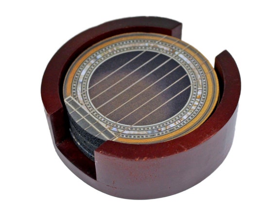 Spanish Guitar Sound Hole Coaster Set of 5 with Wood Holder