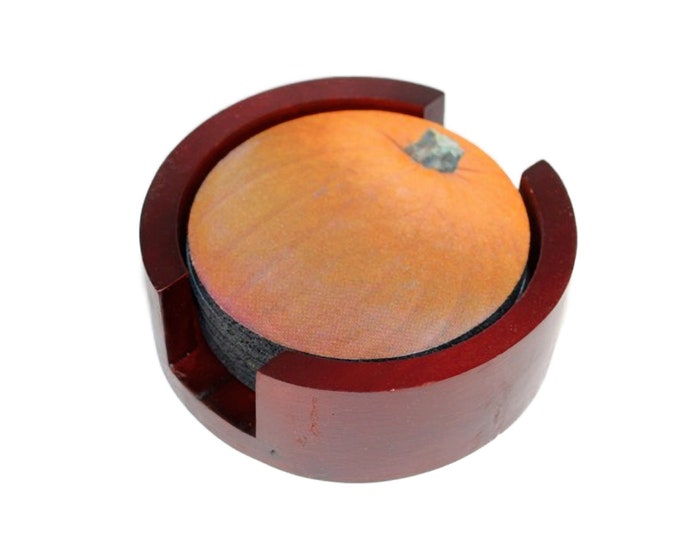 Pumpkin Coaster Set of 5 with Wood Holder