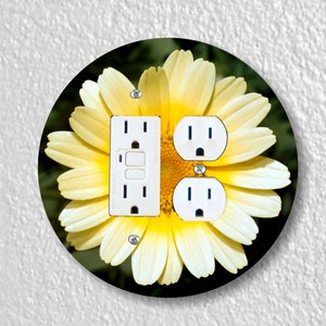 Yellow Daisy Flower Precision Laser Cut Duplex and Grounded Outlet Round Wall Plate Covers Double GFI/Outlet