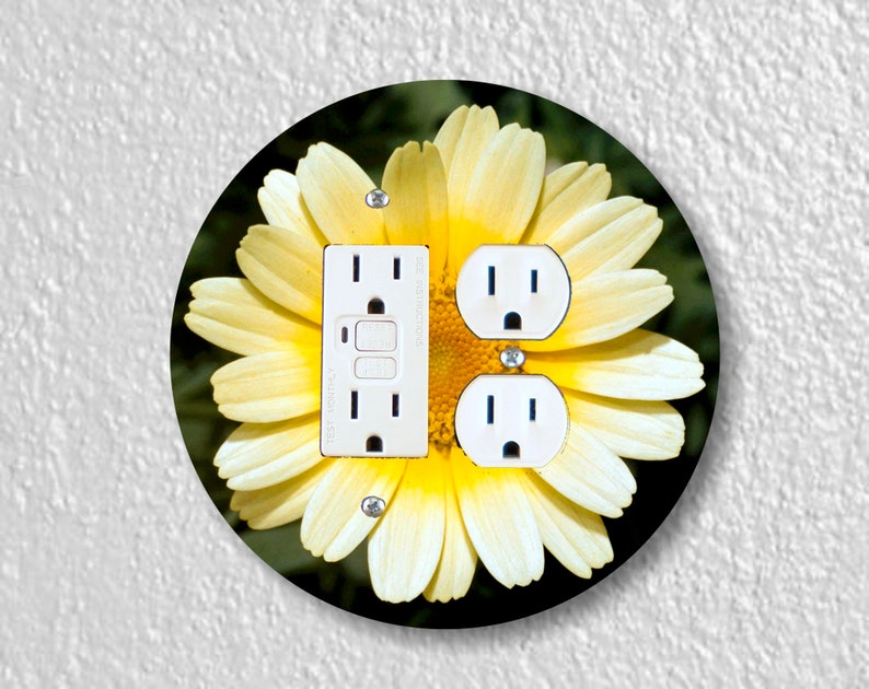 Yellow Daisy Flower Precision Laser Cut Duplex and Grounded Outlet Round Wall Plate Covers Double GFI/Outlet