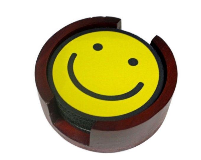 Smiley Face Coaster Set of 5 with Wood Holder