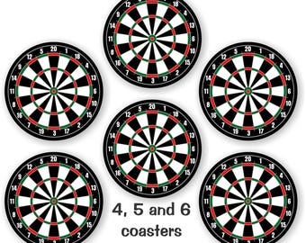 May include: Six round coasters with a dartboard design. Each coaster features a black and white target with red and green accents, and numbers around the perimeter. The text "4, 5 and 6 coasters" is visible.