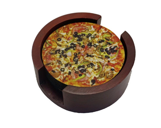 Supreme Pizza Coaster Set of 5 with Wood Holder