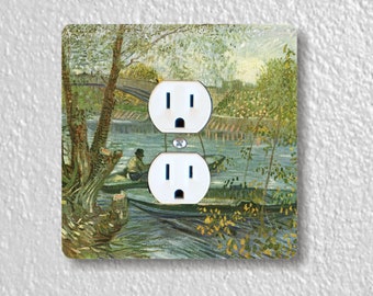 Vincent Van Gogh Fisherman and Boats from the Pont de Clichy Precision Laser Cut Duplex and Grounded Outlet Square Wall Plate Covers