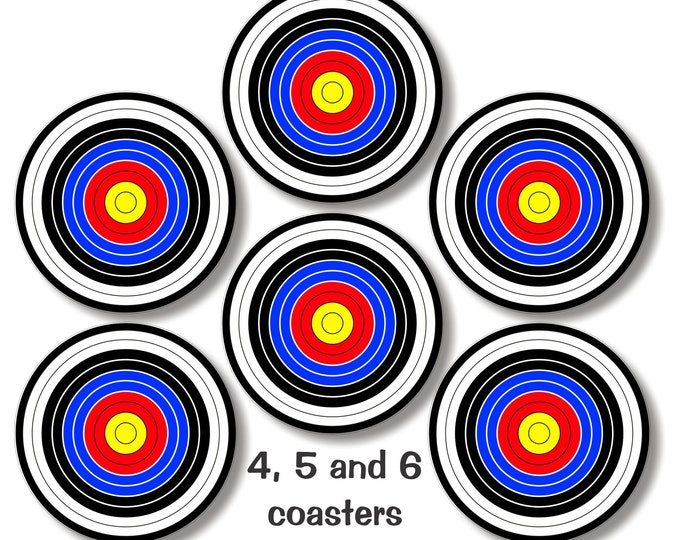 Glossy Archery Target Round Cork Backed Coasters (Sets of 4,5 or 6)
