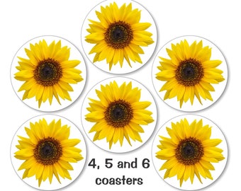 Sunflower Flower Glossy Round Cork Backed Coasters (Sets of 4,5 or 6)