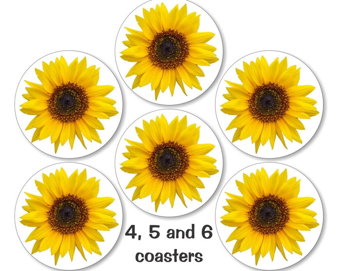 Glossy Sunflower Flower Round Cork Backed Coasters (Sets of 4,5 or 6)