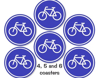 Glossy Bicycle Sign Round Cork Backed Coasters (Sets of 4,5 or 6)