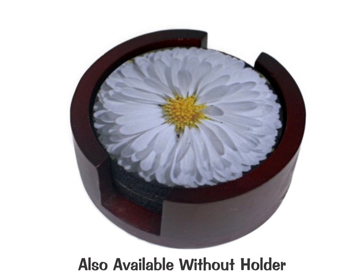 White Daisy Flower Coaster Set with/without Wood Holder