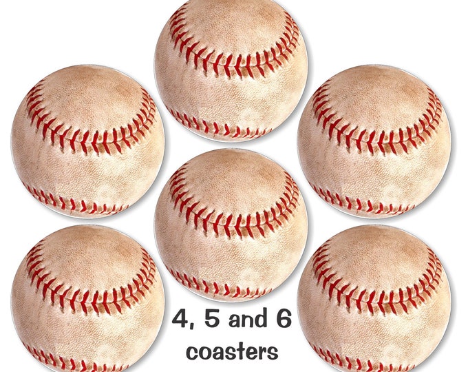 Glossy Baseball Ball Sport Round Cork Backed Coasters (Sets of 4,5 or 6)