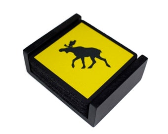 Moose Crossing Sign Square Coaster Set of 5 with Wood Holder