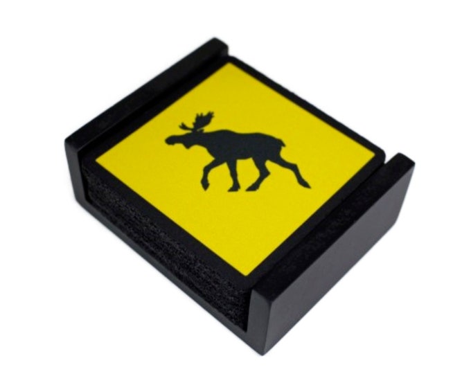 Moose Crossing Sign Square Coaster Set of 5 with Wood Holder