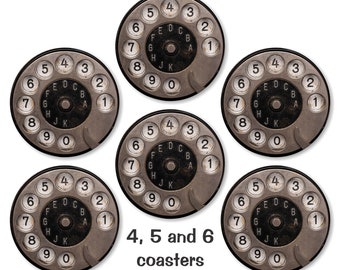 Retro Black Telephone Dial Glossy Round Cork Backed Coasters (Sets of 4,5 or 6)